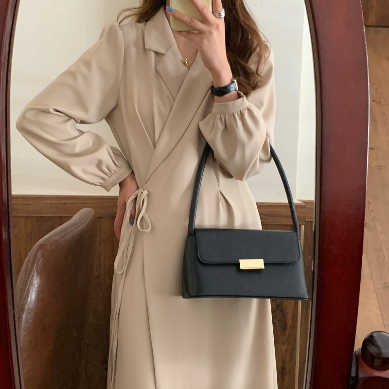 Women Suit Dress Minimalist Autumn Vintage Elegant OL Work Notched Lace-up Long es Female Vestidos 210421