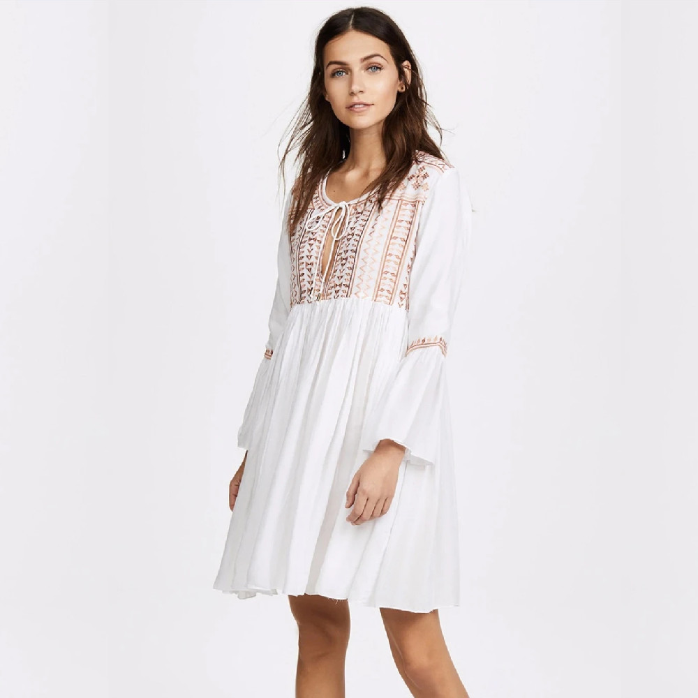 Embroidery Cotton Beach Cover up Saida de Praia Swimsuit Women Bikini cover Tunics for Pareo Sarong wear #Q510 210420