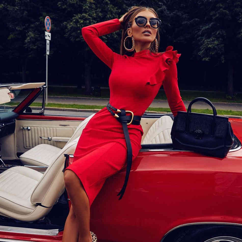 Winter Red Long Sleeve Club Bodycon Bandage Dress Sexy Women Ruffles Knee Length Celebrity Evening Party Dresses 210423