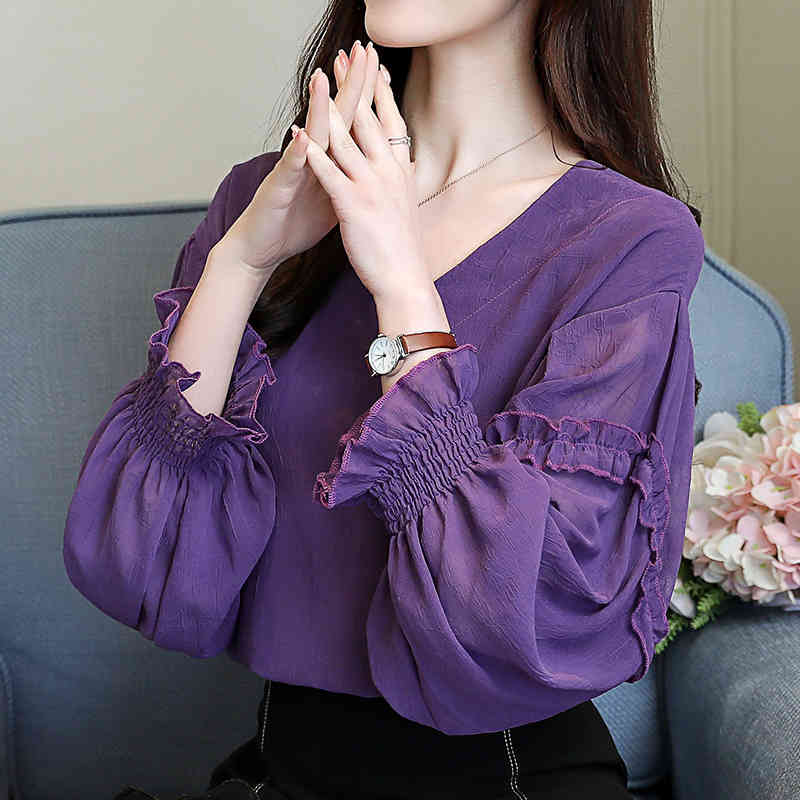 Fashion Elegant V Collar Purple Blouse Shirt 3XL Plus Size Tops Long Sleeve Women Shirts 2447 50 210415