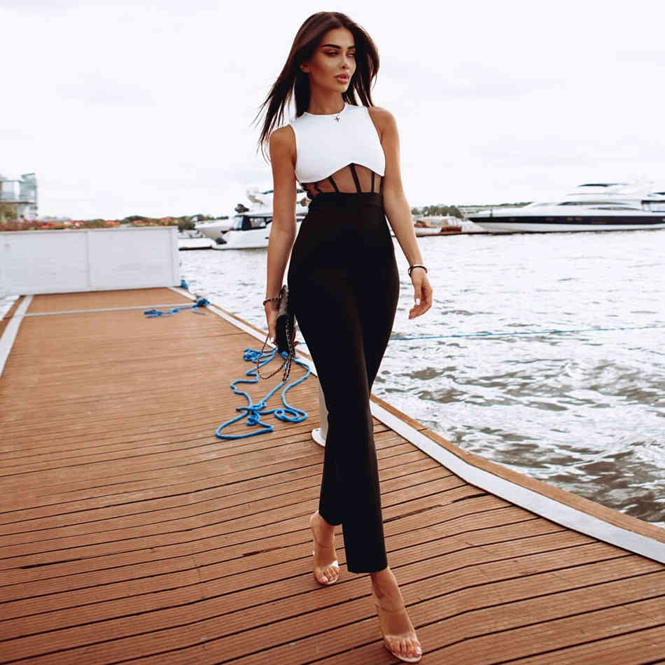 Free Women's Black Sexy Sleeveless Hollow O-neck Waist Mesh Patchwork Celebrity Party Bandage Jumpsuit 210525