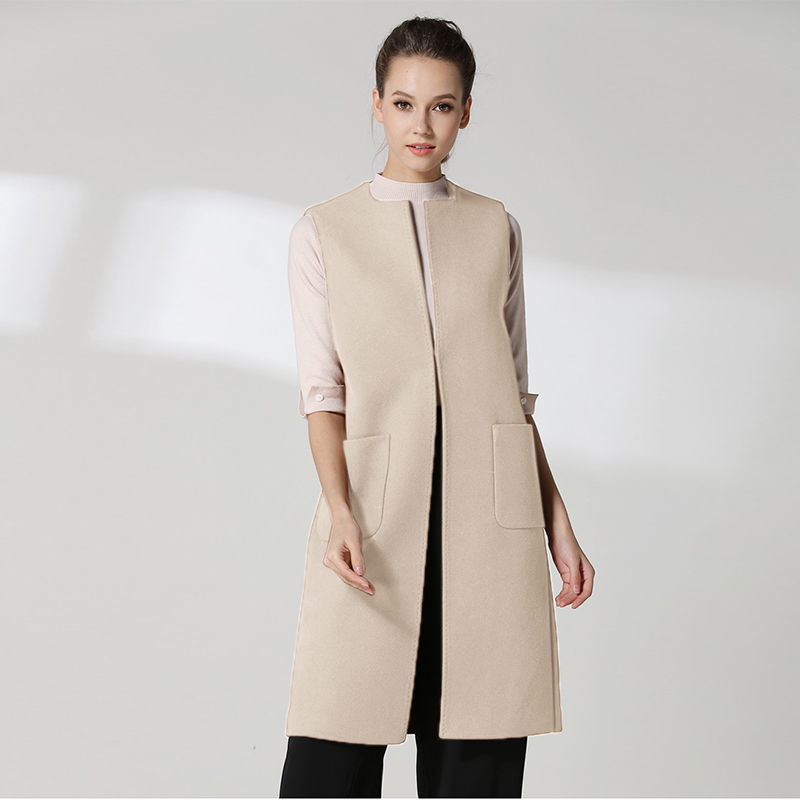 Plus Size Sleeveless Vest Cardigan Autumn Thin Woolen Women O Neck Pocket Hem Split Long Waistcoat Ladies Black Coats 210522