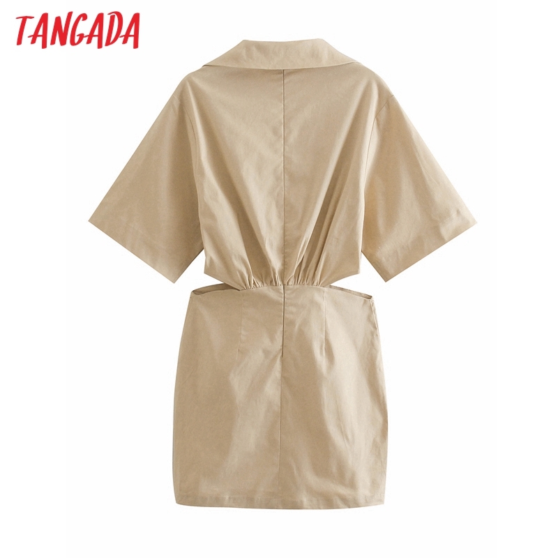 Fashion Women Solid Khaki Shirt Waist Hollow Short Sleeve Ladies Mini Dress Vestidos 2W95 210416
