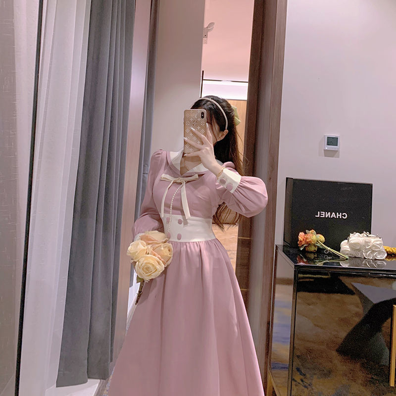 Spring Preppy Style Pink Kawaii Dress Women Sailor Collar Puff Sleeve Vintage Midi Dress Ladies Party Dress Korea 210521