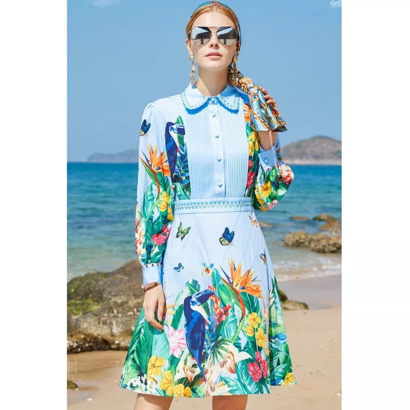 holiday long sleeve turn down collar tropical pleated knee length A-line dresses for women lady beach casual clothes 2XL 210421
