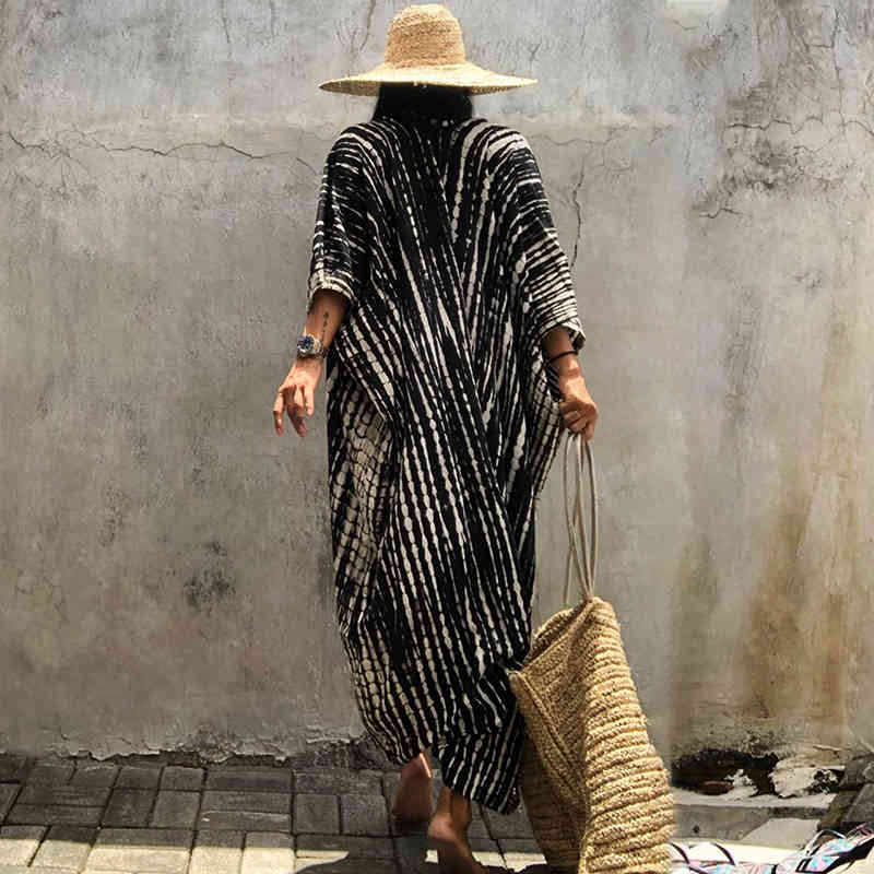 100% Cotton Bikini Cover-ups Black Retro Striped Self Belted Women Summer Kimono Dress Beach Wear Swim Suit Cover Up Q1225 210420