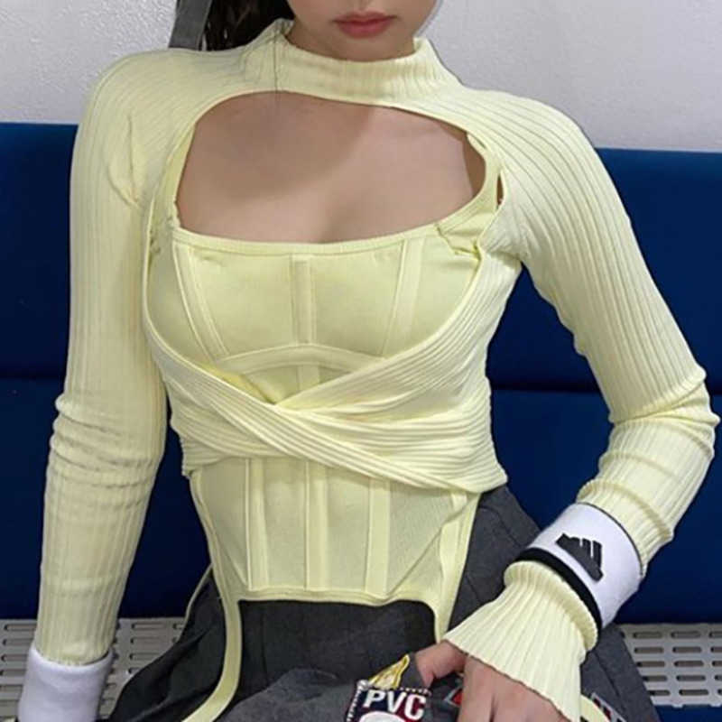 Hollow Out Casual Knit Pullover Shirt Vest Two Pieces Woman Chic Crop Top Korean Style Streetwear Basic Clothing Kpop QEW7 210603