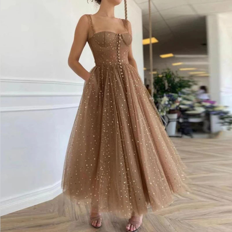 Shiny Brown A Line Starry Tulle Prom Dresses Spaghetti Straps Ankle Length Backless Girl Homecoming Party Dress Evening Graduation Gowns