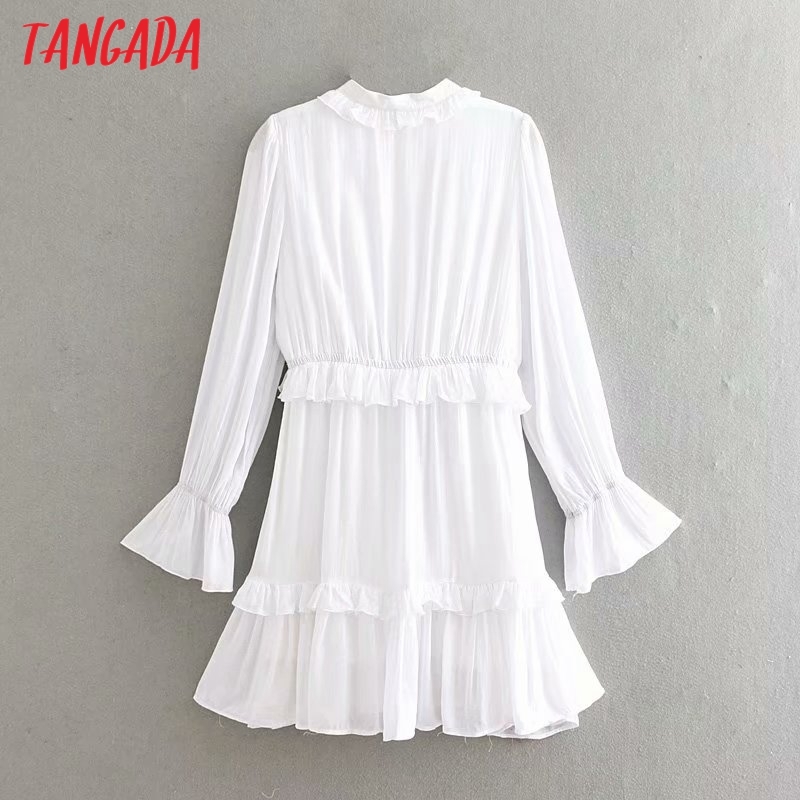 Spring Women White Ruffles Shirt Long Sleeve Ladies Mini Dress Vestidos 4N26 210416