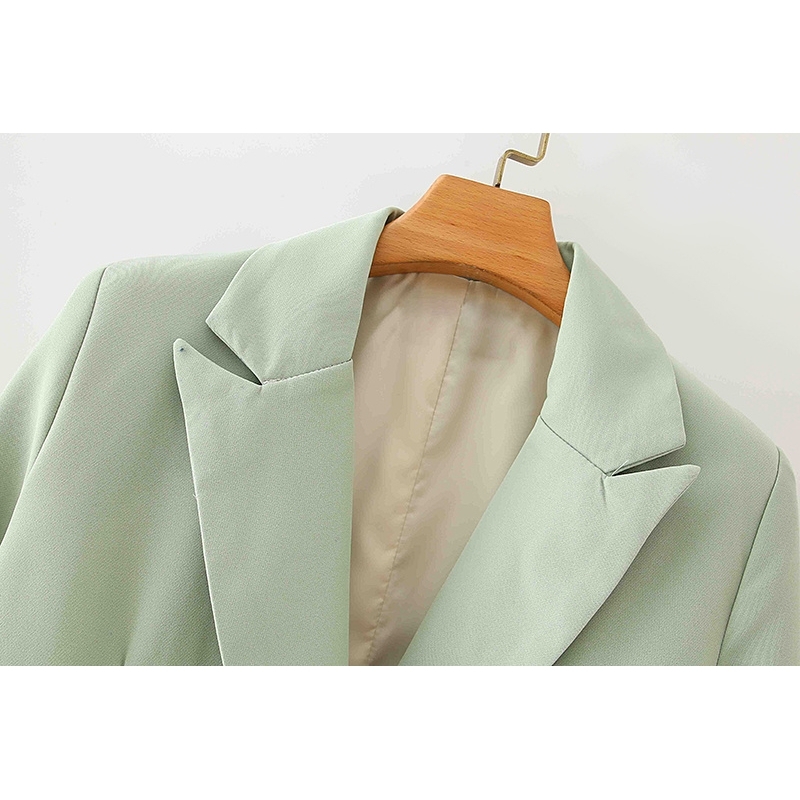 elegant women chic v-neck blazer office ladies pocket jackets casual female full sleeve suits green girls sets 210430