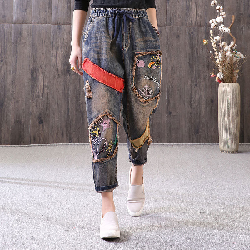 Spring Fashion Women Vintage Embroidery Jeans Elastic Waist Loose Hole Denim Harem Pants Ladies Patched Top Quality D113 210512