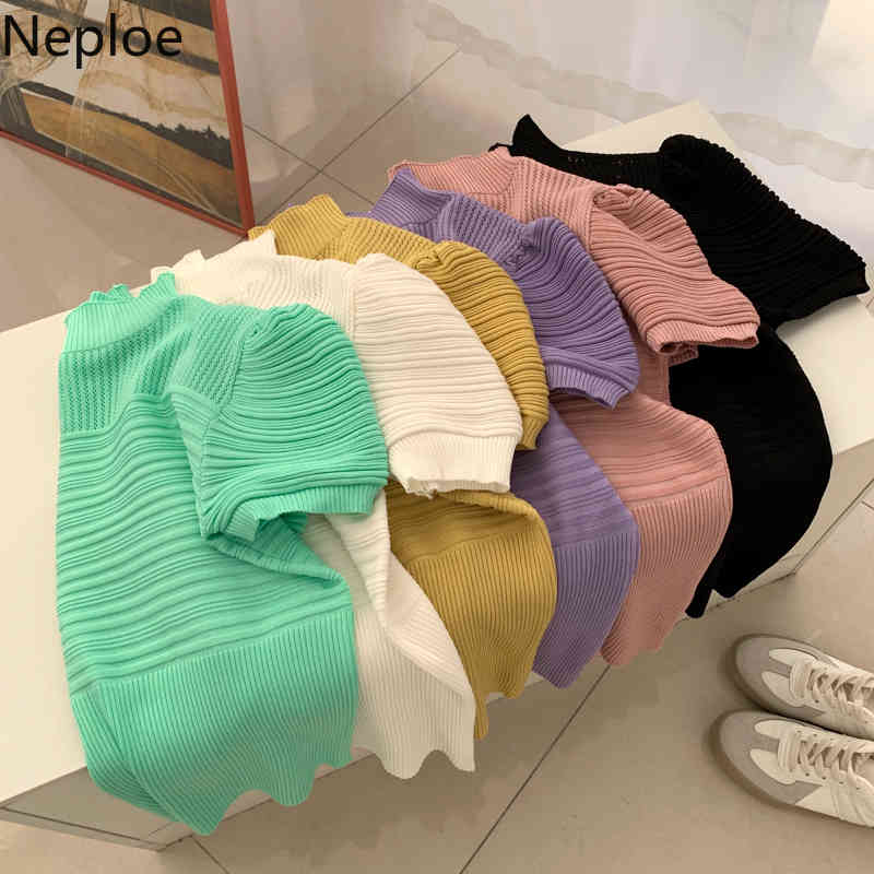 Neploe Women Pullovers Half Turtleneck Knitted Sweater Summer Puff Short Sleeve Solid Jumper Shirts Korean Hollow Out Slim Top 210422