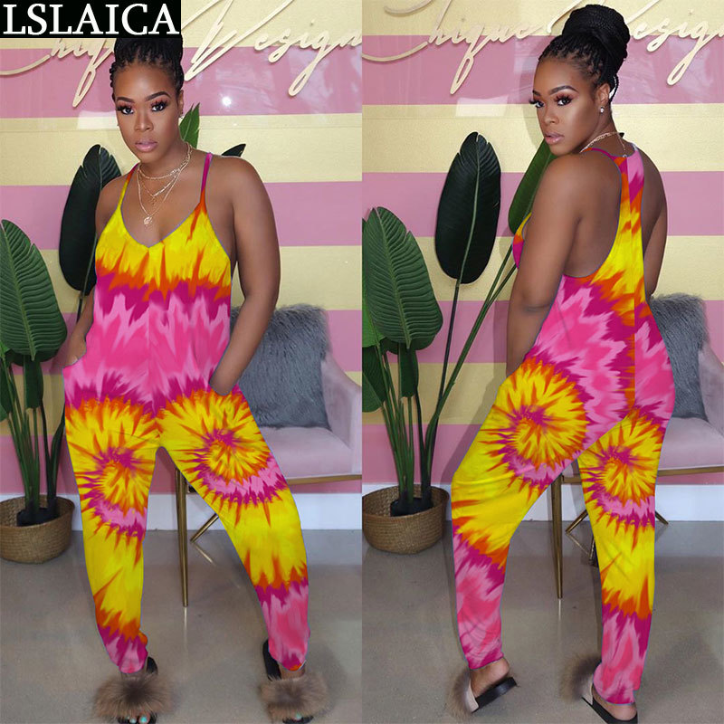 Fashion colorful print sleeveless sexy jumpsuit for women slim casual wild streetwear bodysuit backless club 210520