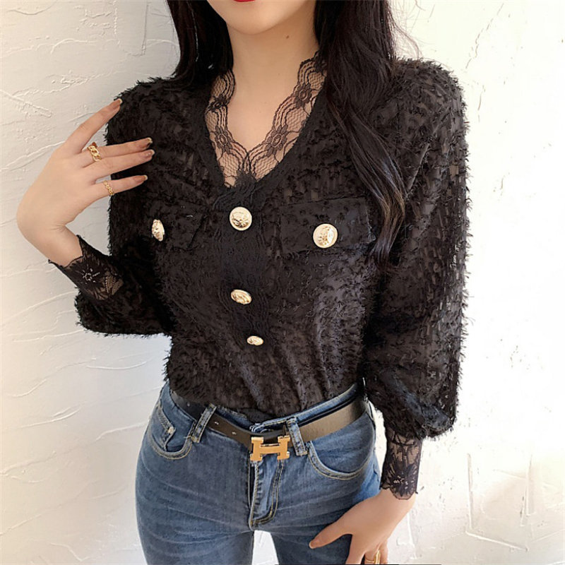 Brief Tassel Lace Elegance Loose V-Neck Lantern Sleeves Women Office Lady Gentle Chic Blouse Fashion Shirts 210421