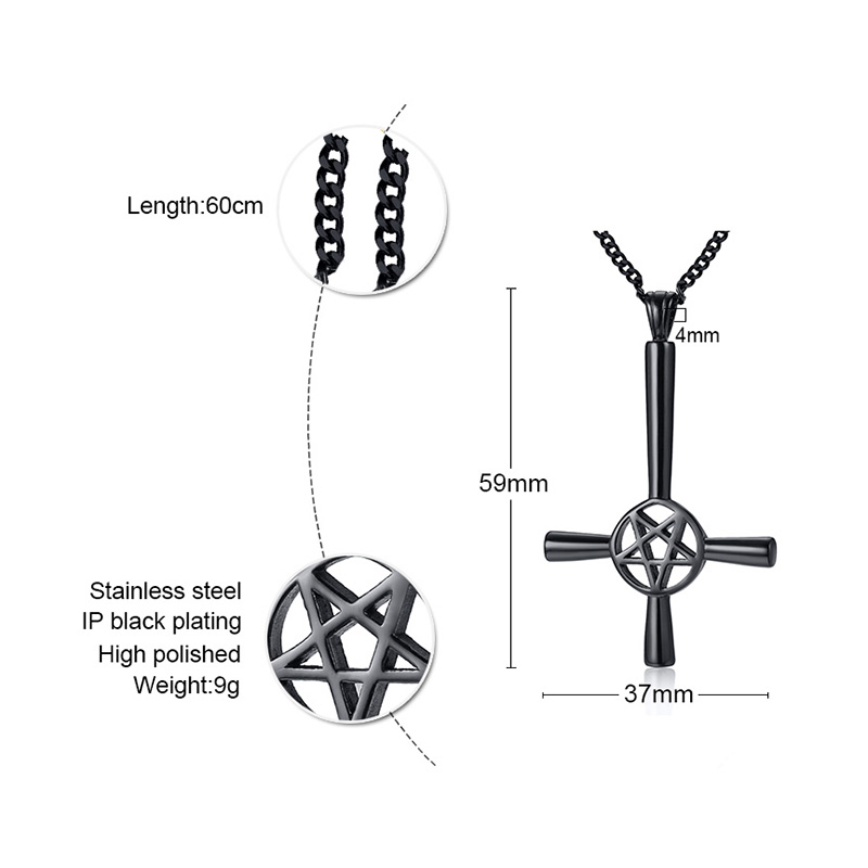 Black Silver Gold Inverted Five-pointed Star Cross Necklace Stainless Steel Fashion Lucifer Satan Symbol Pendant 24 inch
