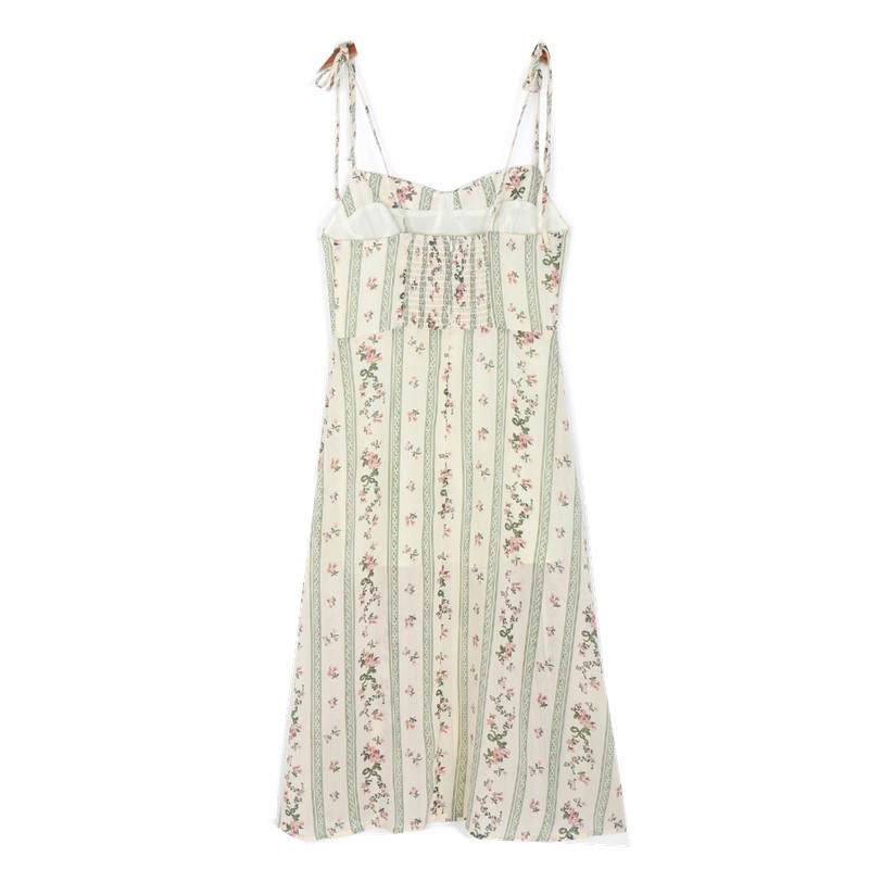 French Summer Striped Flower Print Bandage Spaghetti Strap Slit Long Dress Retro Sexy Women Lacing Up Sling Dresses Vestido 210429