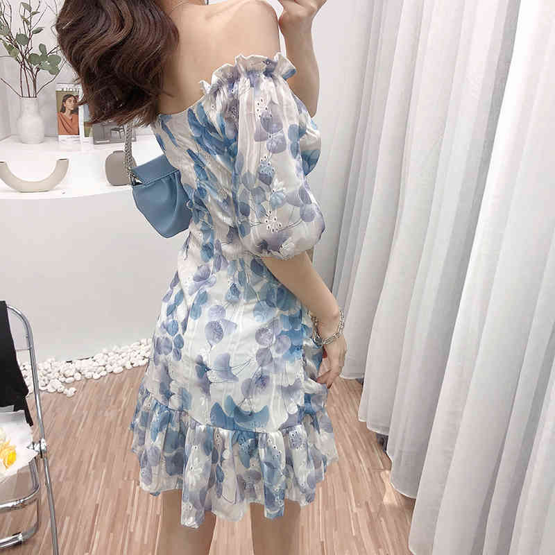 Elegant Short Dress Women Summer Flower Print Sexy V-Neck Puff Sleeve Beach Casual Ruffles Mermaid Mini Female Vestidos 210519