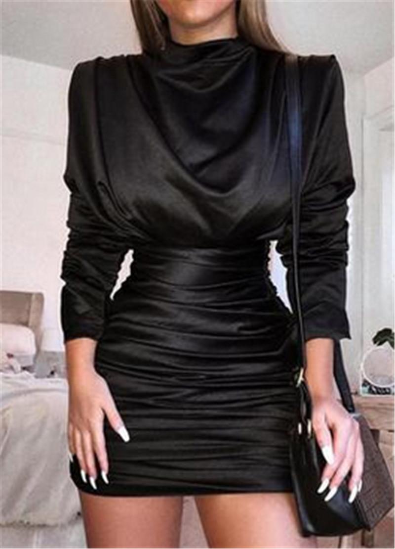 Casual Dresses Satin Turtleneck Mini Dress Women Long Sleeve Pleated Autumn Sexy Bodycon Winter Short Party Red