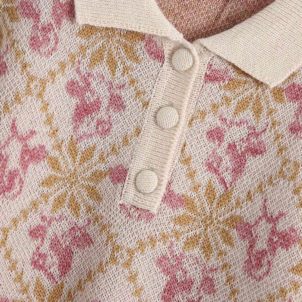 Women Animal Jacquard Sweater Button Decoration Short Sleeve Elegant Chic Ladies Knit Shirt Fashion Pullover Top 210520