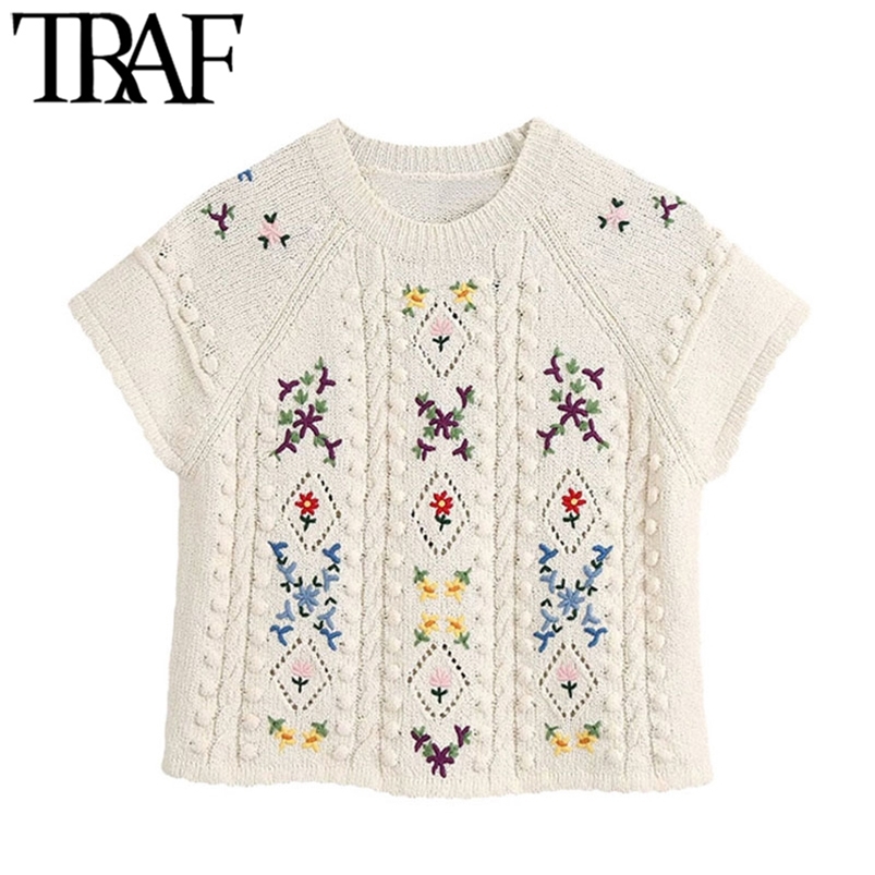 Women Fashion Floral Embroidery Cropped Knitted Sweater Vintage O Neck Short Sleeve Female Pullovers Chic Tops 210507