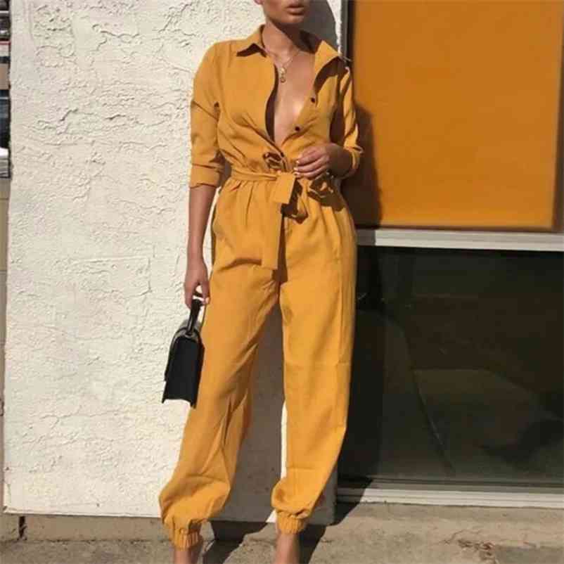 Foridol button up casual long pants jumpsuits women long sleeve autumn winter overalls casual streetstyle yellow jumpsuits 210415
