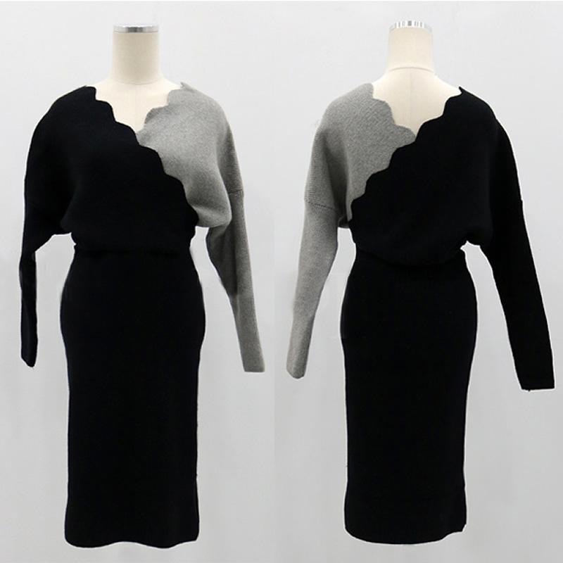 Ladies V-Neck High Waist Long-Sleeved Sweater Knitted Dress Bat Sleeve Bodycon Knee-Length Sexy Vestidos Casual Dresses
