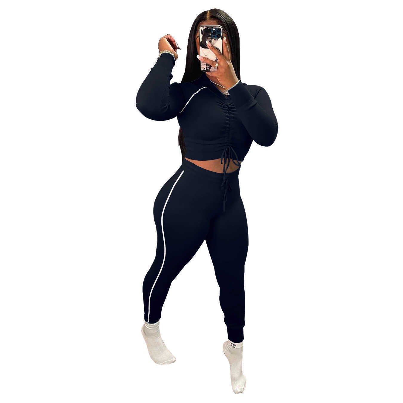 Designers Women sports tracksuits Clothes 2023 pleated hooded long sleeved trousers two piece set solid color elastic suit Women