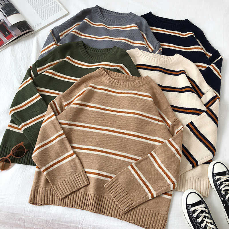 Vintage Stripe Sweaters Women Loose Oversize Korean Style Pullover Top Autumn Winter Long Sleeve Knitted Sweater Femme 211007