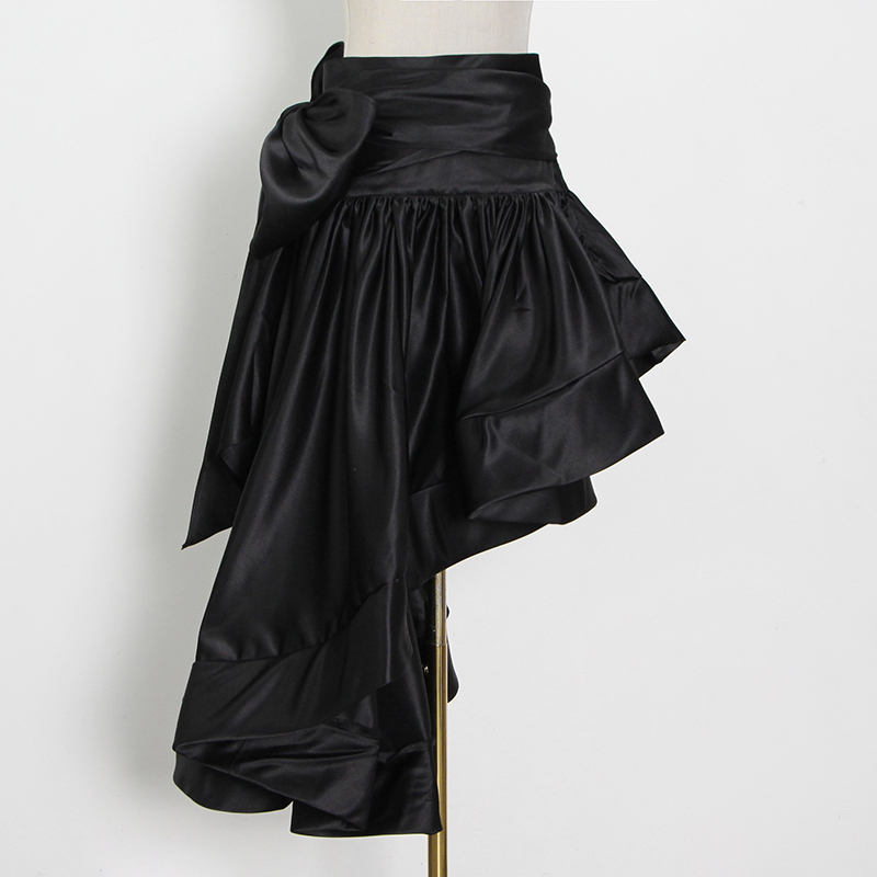 Black Bowknot Patchwork Skirt For Women High Waist Asymmetrical Pleated Solid Skirts Female Summer Clothes 210521