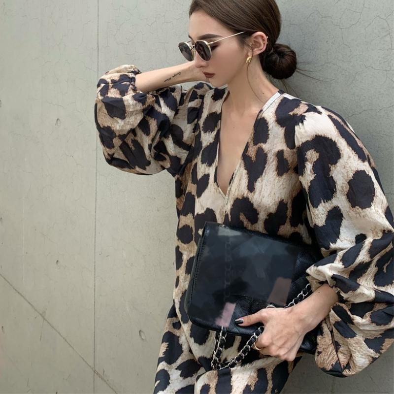 Casual Dresses Vintage Women Leopard Print Dress Loose V-Neck Three-Quarter Sleeve Maxi Korean Clothing Female Robe Fashion Vestidos