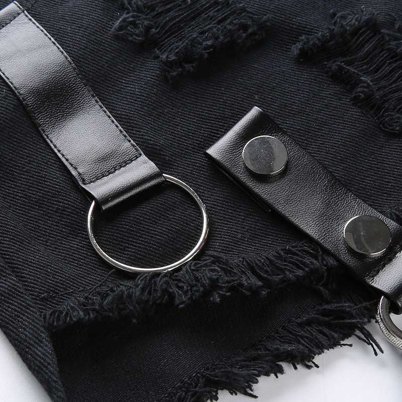 Summer Denim Shorts for Women Sexy Rivet Ring Harness Band Casual Jeans Shorts High Waist Worn-out Hole Black Shorts Lady 210625