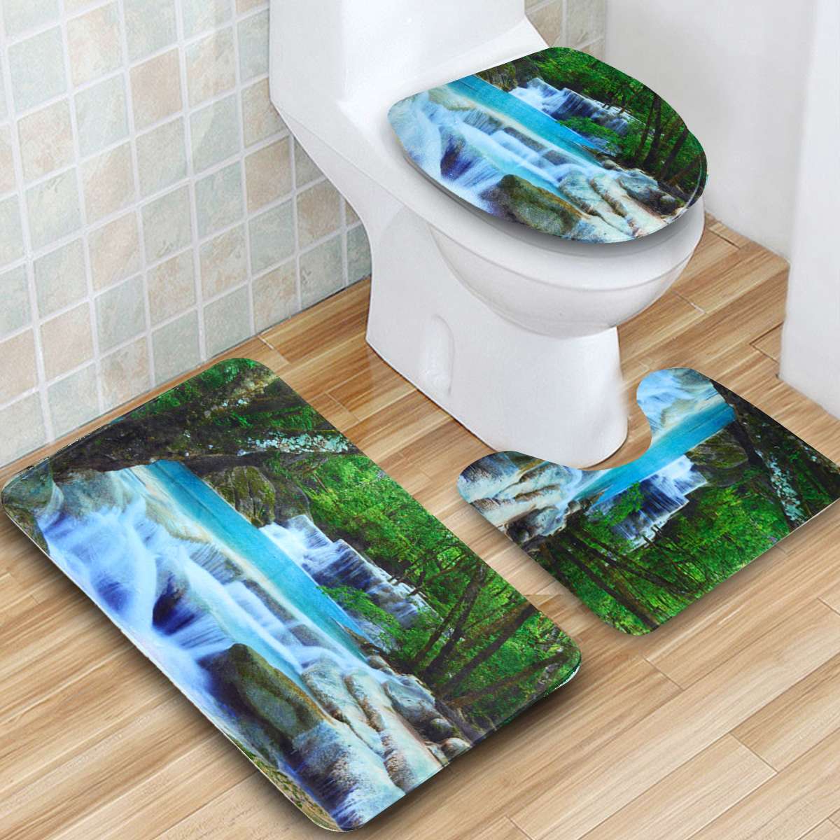3D Waterfall Scenery Waterproof Shower Curtain Bathroom Landscape Trees Flower Bath Mat Set Pedestal Rug Lid Toilet Cover 210402