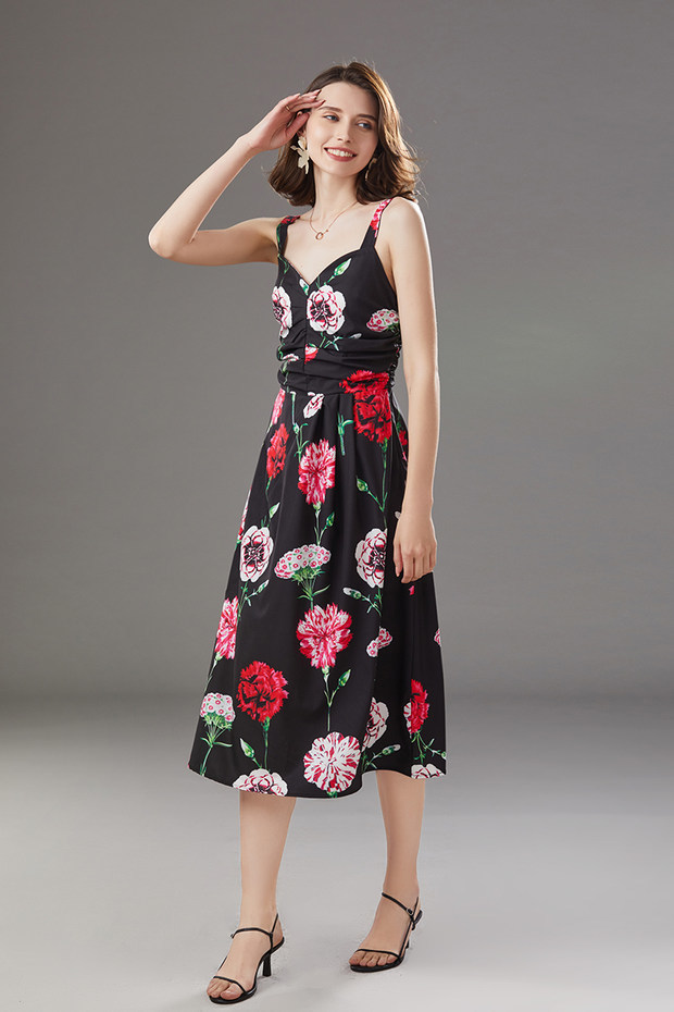 sundress maxi floral dress ruched v-neck sexy party black flower print dinner beach dresses summer clothes for women 210421