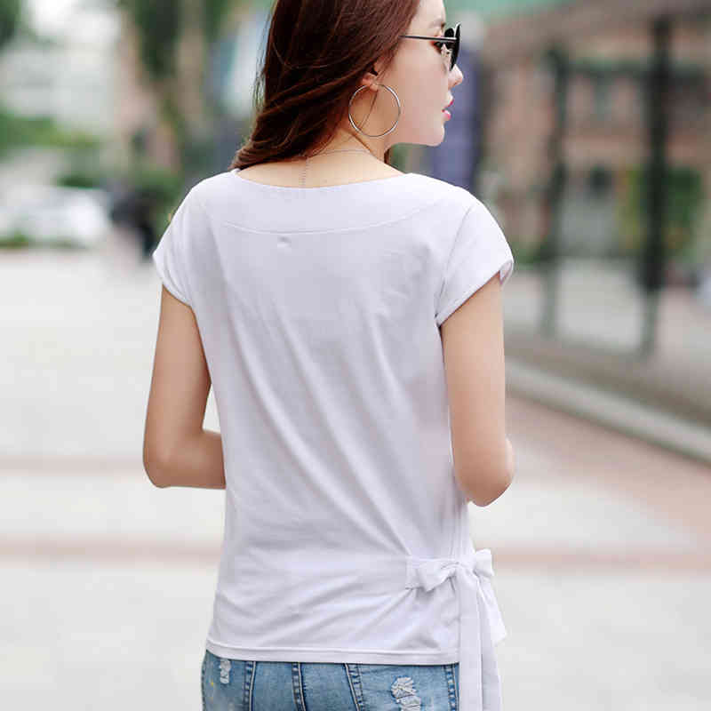 Ropa Moda Mujer Summer Cotton White T Shirt Bow Femme Korean Fashion Tops Tee Shirt Women Tshirt Batwing Sleeve Clothing 210406