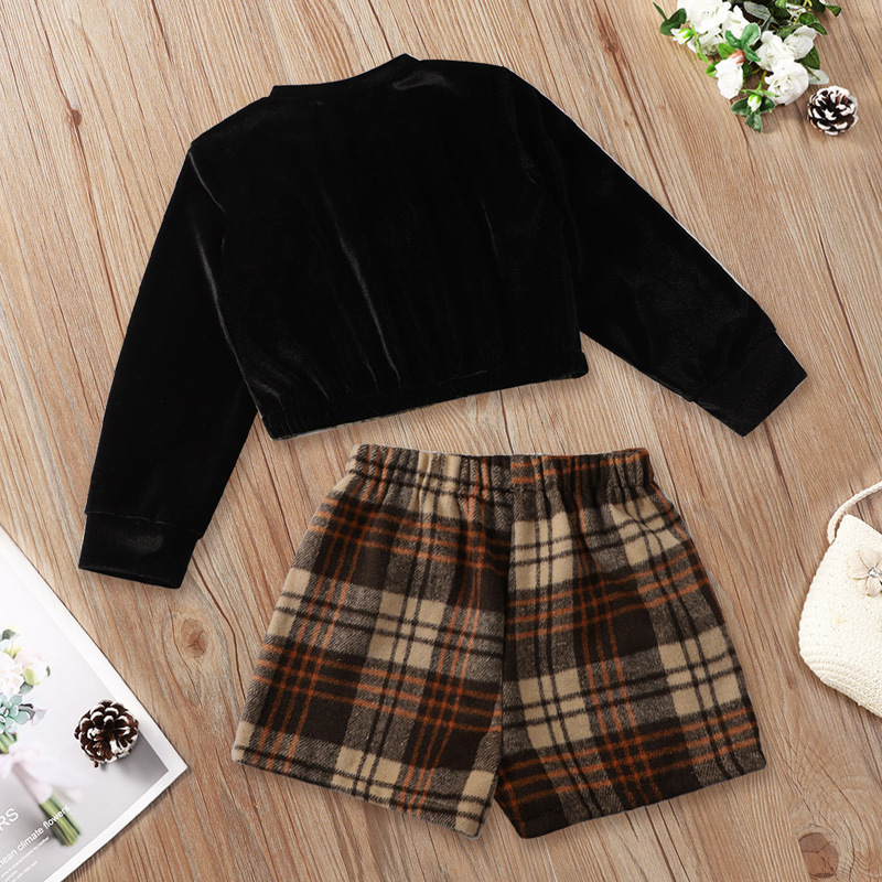 Baby Girls Clothes Sets Spring Autumn Fashion Girl Outfits Black Checked Printed Circle Neck Long Sleeve Skirt Suit For Children Kids Clothing