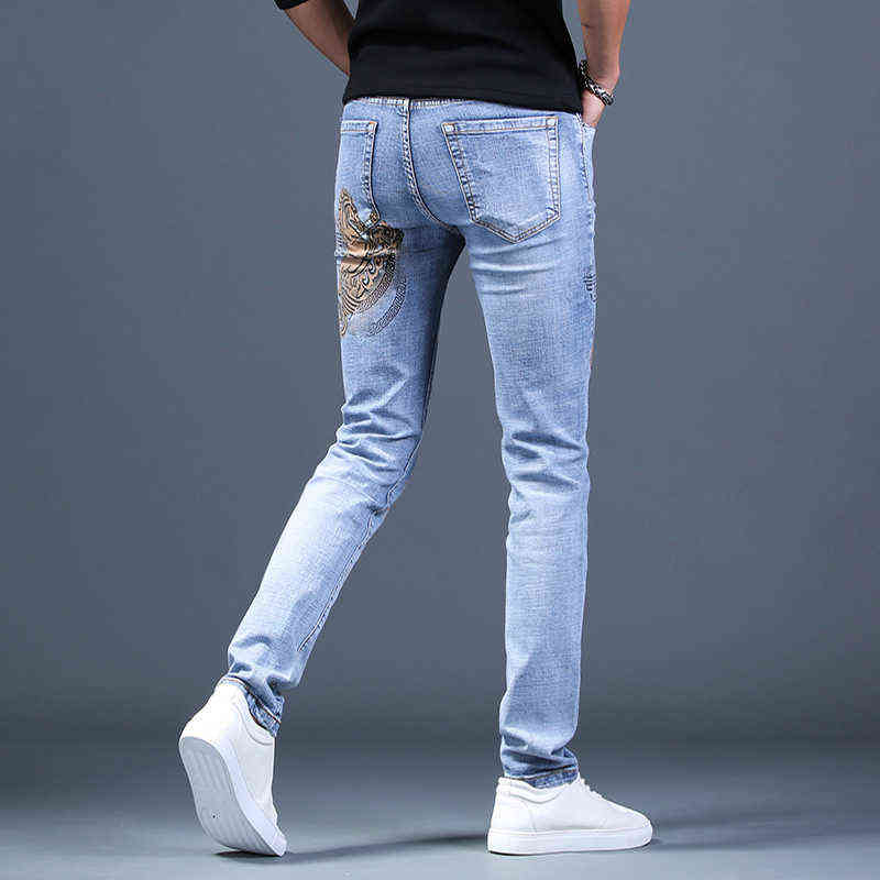 Mens Stylish Printing Denim Pants,Slim-fit Washed Casual Jeans,High Quality Elastic Denim Jeans,Young Boys Fashion Must; 211120