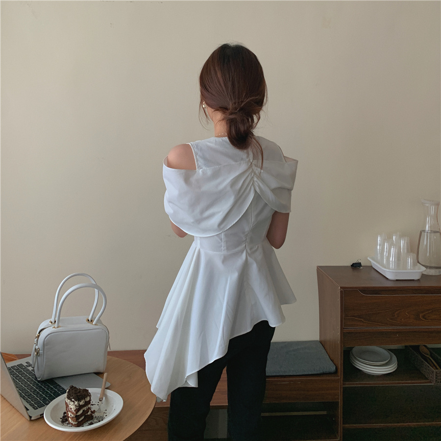 Nomikuma Women Blouse Elegant Slim Waist Ruffle Tops Irregular Pleated Short Sleeve V-neck Shirt New Sexy Strapless Blusas 6H204 210427