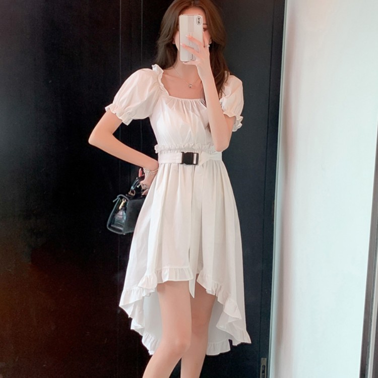 Women Black Party Dress Elegant Square Collar Casual Irregular Ruffles Chic Dress Fashion 210518