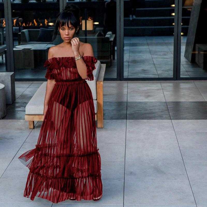 Women Dress Gauze Hollow Out Sexy Slash Neck Off The Shoulder Long Fashion Party es Summer 210524