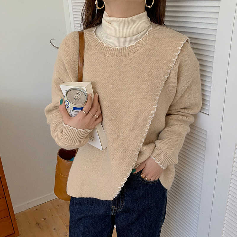 LY VAREY LIN Autumn Women O-neck Contrast Loose Split Long Sleeve Pullover Fashion Knitwear Tender Casual Office Lady 210526