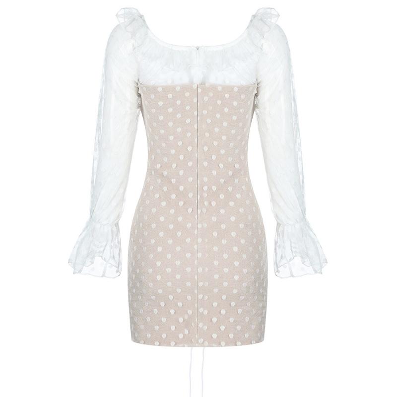 Hight Quality Elegant Women Off Shoulder Full Sleeves Mini Bodycon Bandage Dress Sexy Night Party White Dot Woman Casual Dresses
