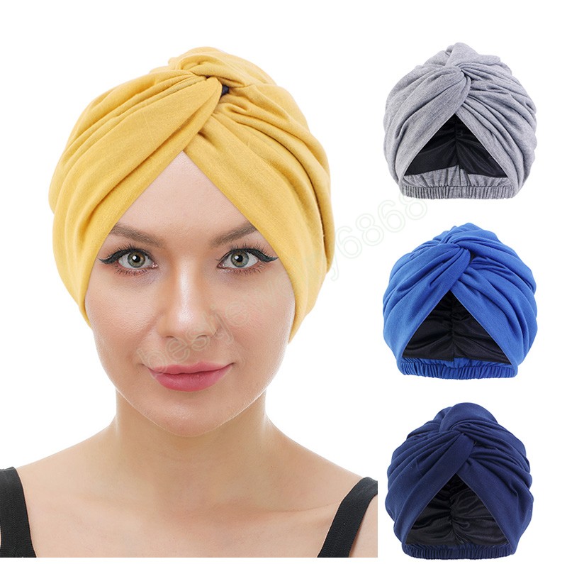 Women Satin Linning Turban Twist Head Wrap Soild Color Hat Headband Turban Muslim Cap Headscarf Inner Hijab India Hats