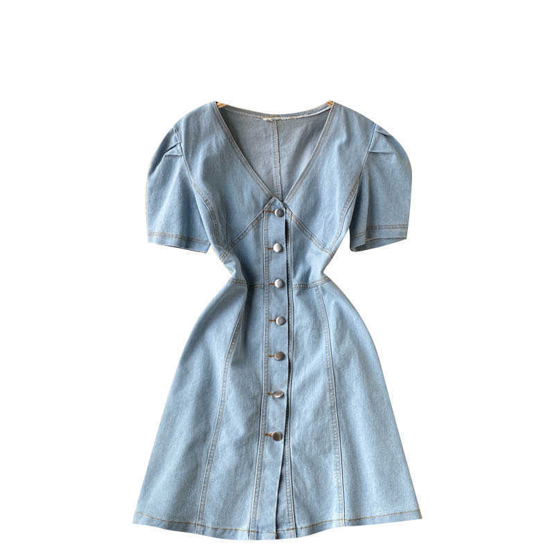 Women Fashion Retro Denim A-line Mini Dress Summer V-neck Button-down Short Sleeve Solid Color Korean Vestidos S045 210527