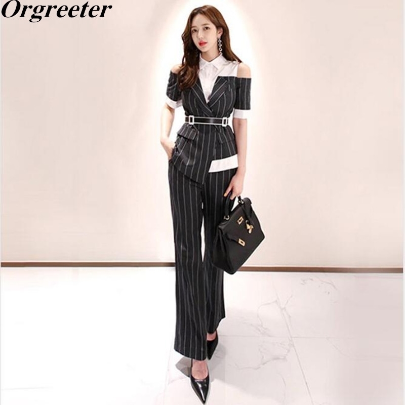 Summer Office lady Striped Two piece set Patchwork Lapel Off shoulder Short Sleeve Shirt and Pants Suits With Belt 210525, Black
Summer Office lady Striped Two piece set Patchwork Lapel Off shoulder Short Sleeve Shirt and Pants Suits With Belt 210525, Black