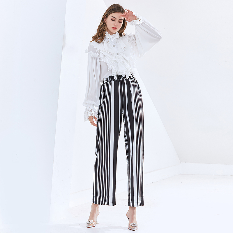 Elegant Ruffle Shirt For Women Stand Collar Flare Long Sleeve Patchwork Lace Black Blouse Female Spring 210524