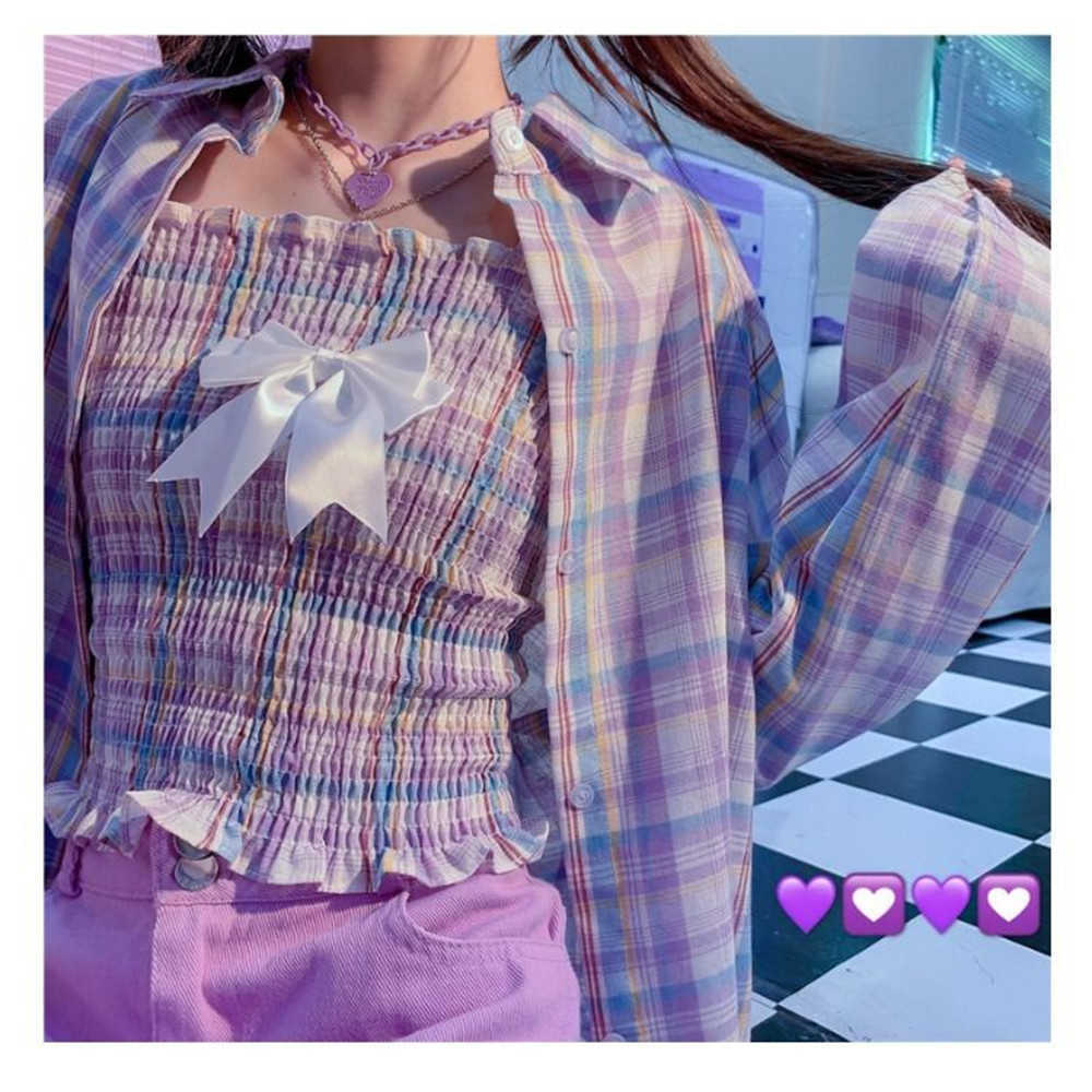 Women Summer Sun Protection 2pcs Set Loose Purple Thin Batwing-Sleeve Plaid Shirts +Sexy Sleeveless Sling Corset Harajuku Wild 210619wtt