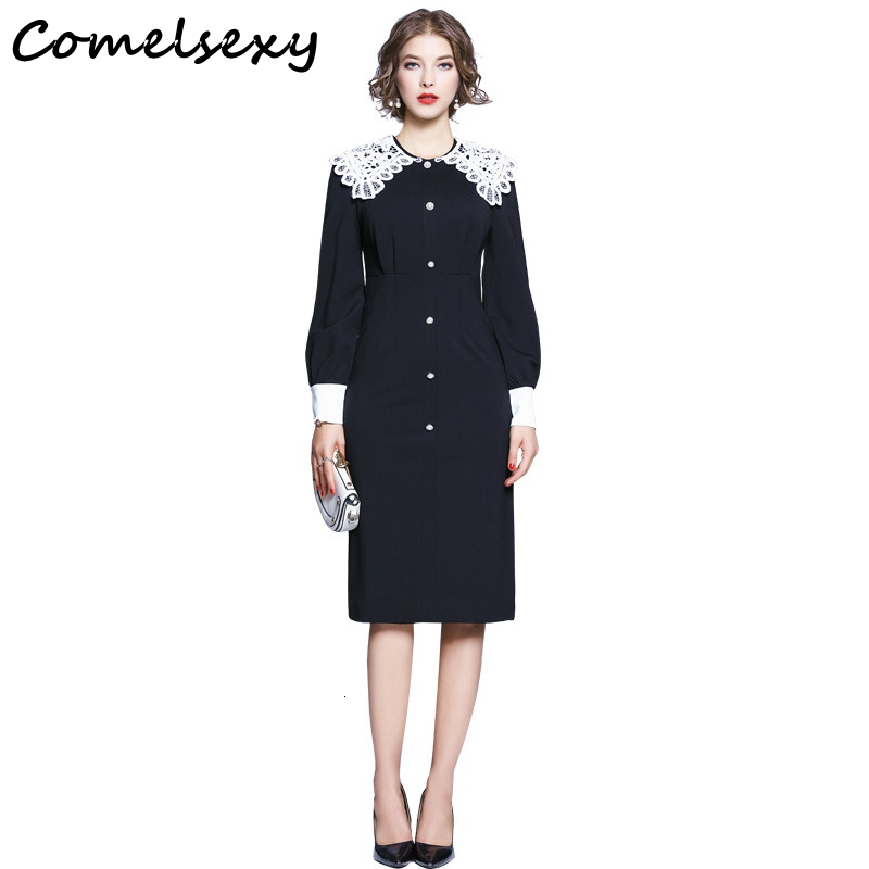 Comelsexy Womens Vintage Slim Dress Autumn Females Fashion Collar Lace Splicing Medium Long Buttock Dresses Vestidos 210515