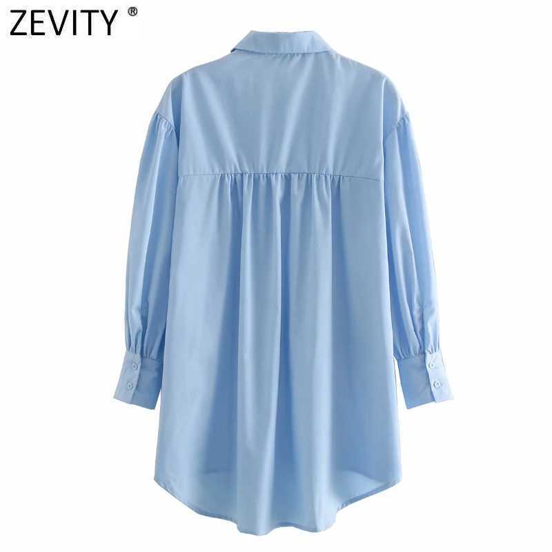 Zevity Women Fashion Solid Color Long Shirts Ladies Lantern Sleeve Back Pleats Blouses Chic Roupas Femininas Chemise Tops LS7364 210603