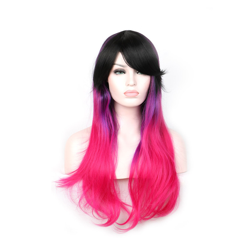 good quality synthetic fiber hair wigs ombre black purple pink mixed color cosplay wig 75cm long wavy wig with bangs women