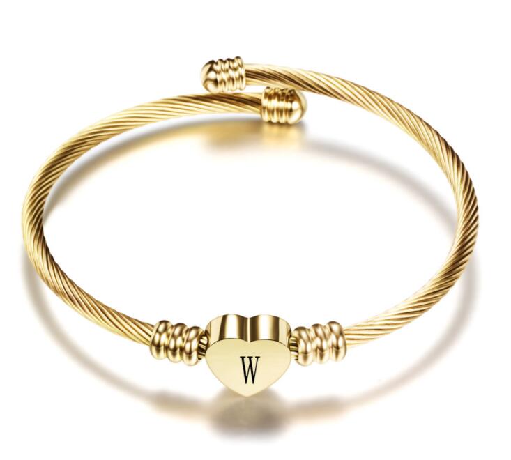 Fashion Heart Charm Bangle With Initial Alphabet Letter Engrave High Quality Women Jewelry Cuff Bangles Wholesale For Party Gift GC473